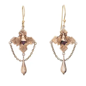 Antique Victorian 2" Drop Earrings Amethyst 10k Rose Gold Vintage Jewelry Leaf