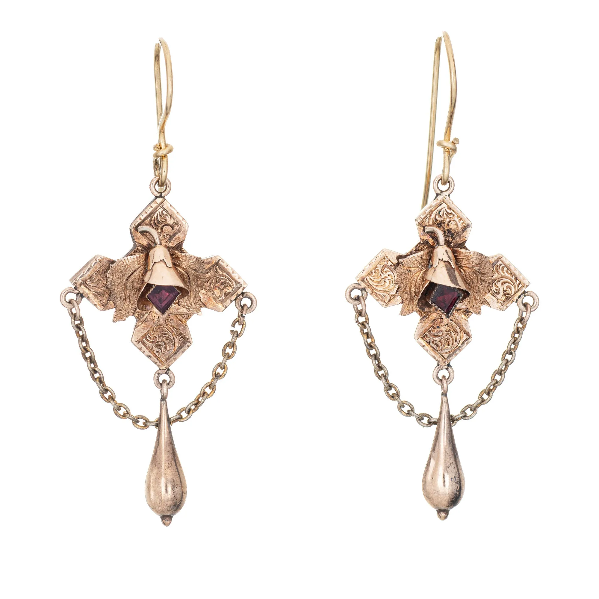 Antique Victorian 2" Drop Earrings Amethyst 10k Rose Gold Vintage Jewelry Leaf