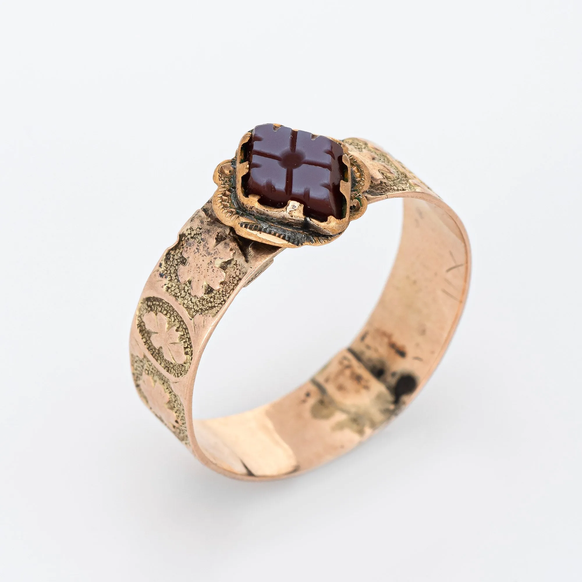 Antique Victorian Agate Ring Sz 8 Band Flower Panels 10k Rose Gold Vintage