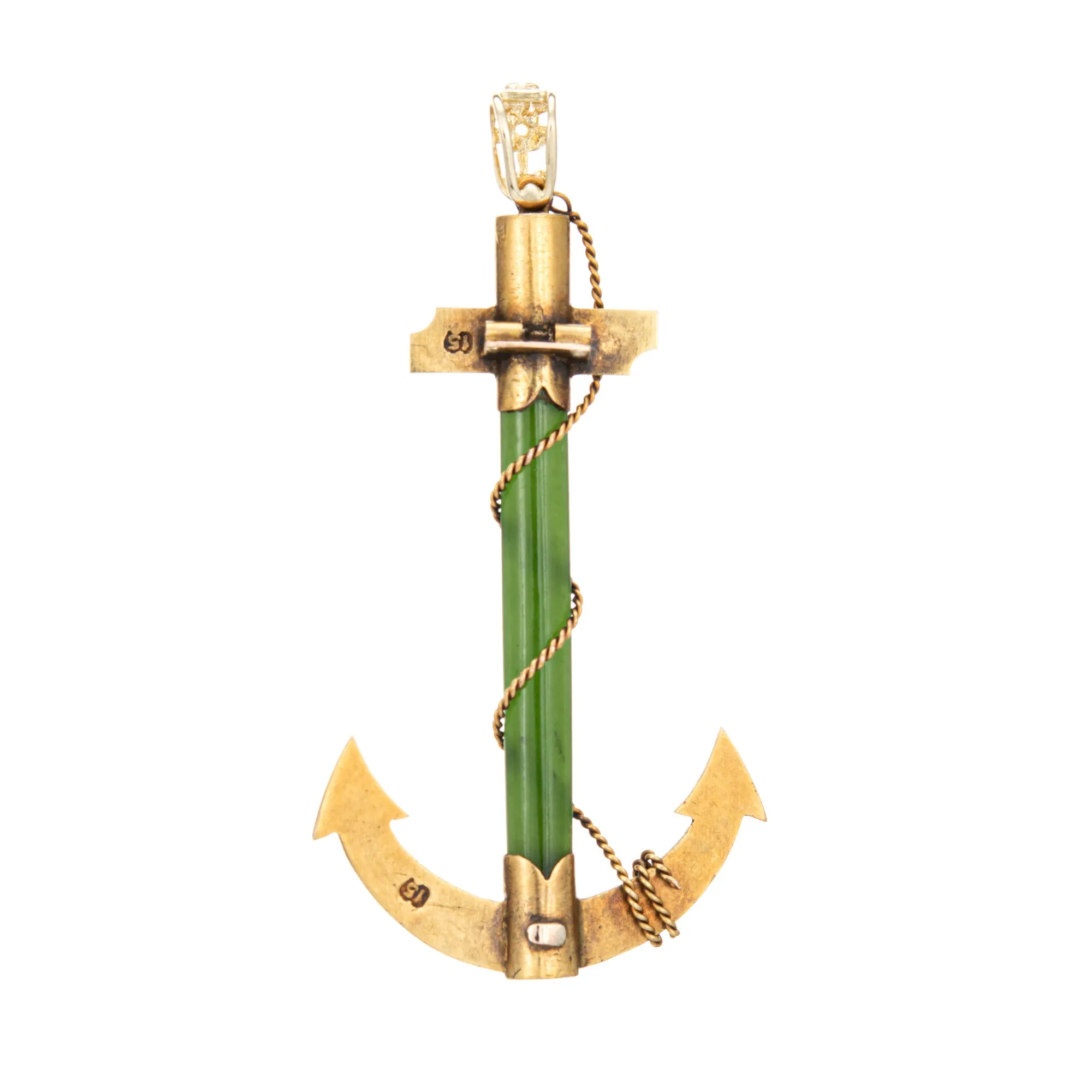 Antique Victorian Anchor Pendant 15k Yellow Gold Nephrite Jade Marine Jewelry