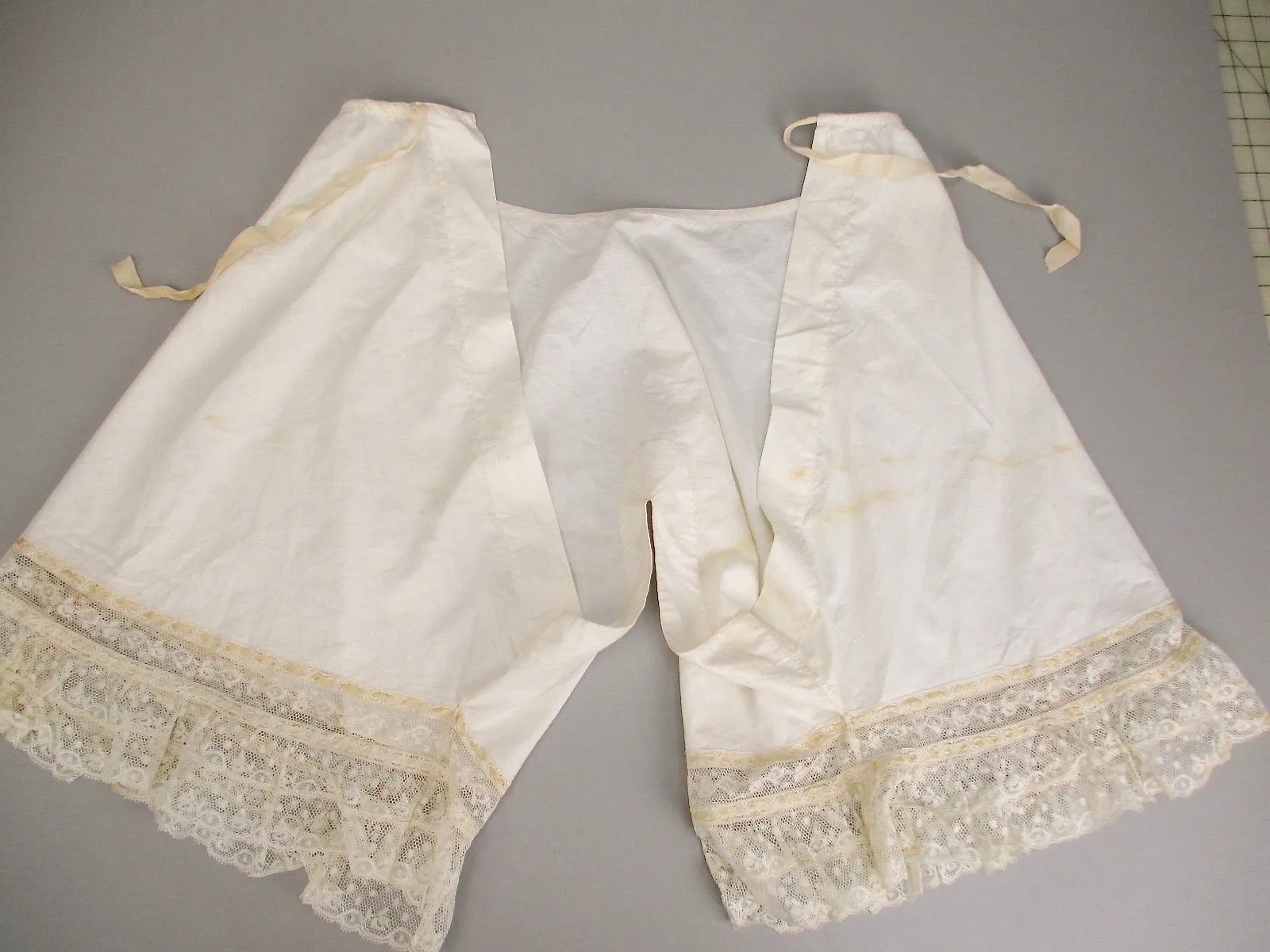 Antique Victorian Civil War Era Fancy Pantaloons with silk ribbons and tiered lace trim