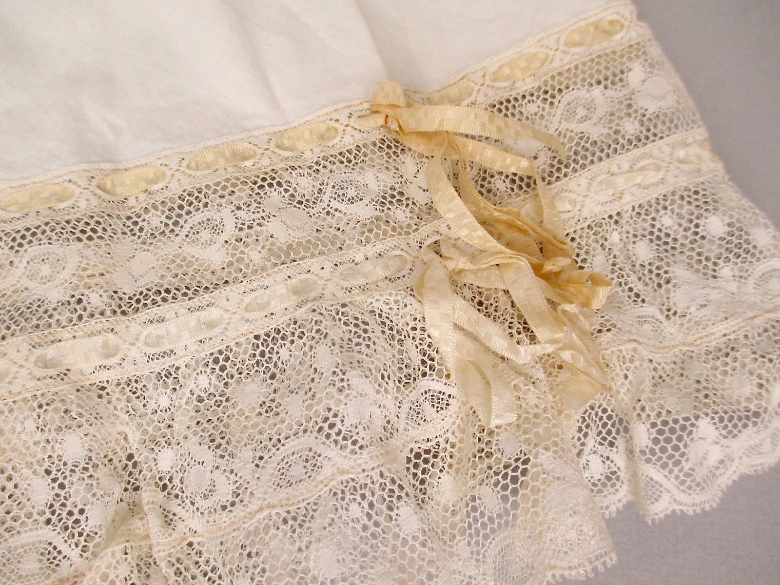 Antique Victorian Civil War Era Fancy Pantaloons with silk ribbons and tiered lace trim
