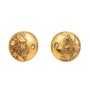 Antique Victorian Diamond Earrings Buttons 10k Yellow Gold Ivy Flower Clip On