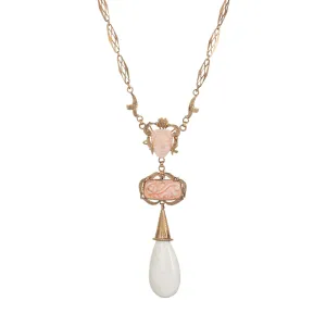 Antique Victorian Necklace Carved Coral Cameo 14k Rose Gold Long Drop Fancy Link