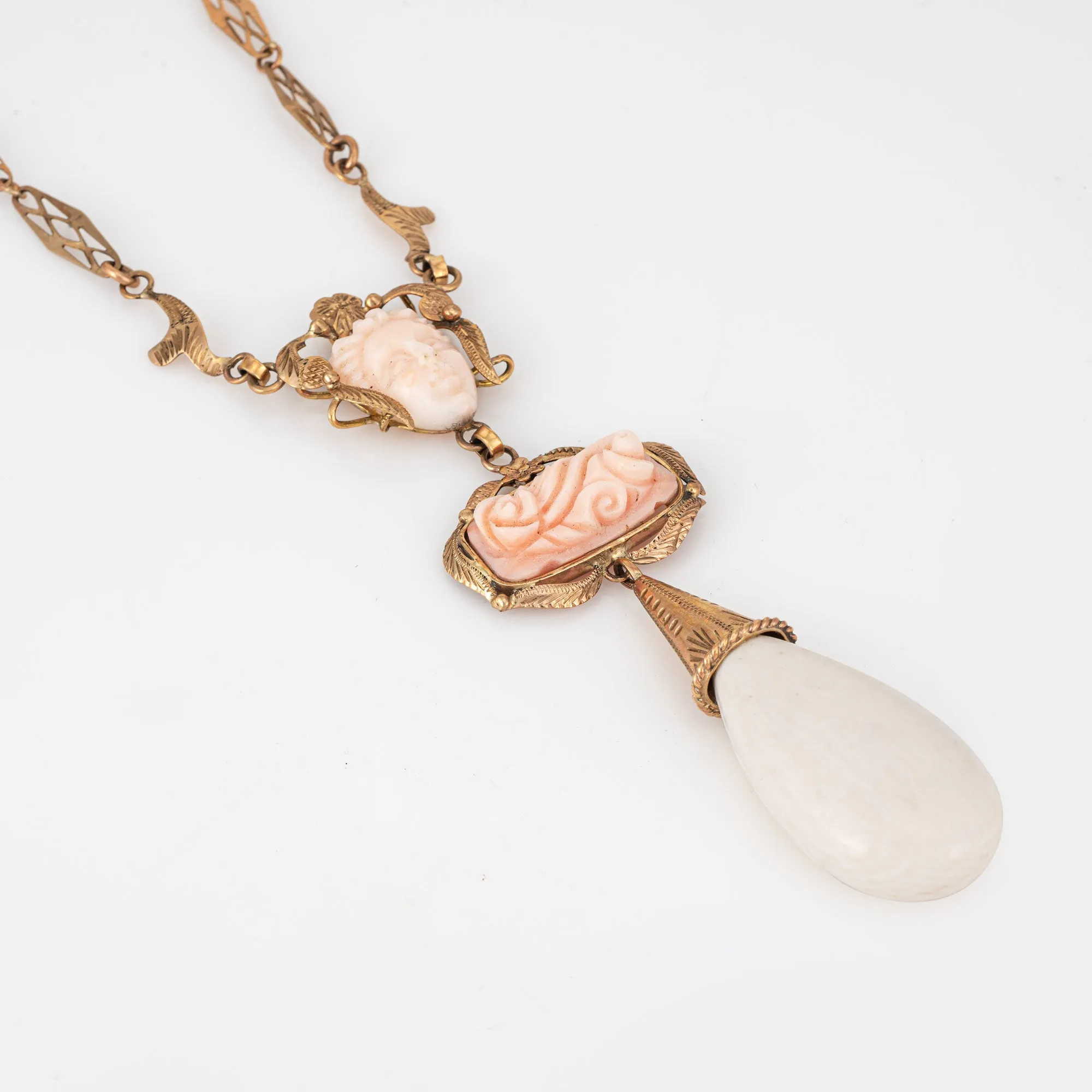 Antique Victorian Necklace Carved Coral Cameo 14k Rose Gold Long Drop Fancy Link