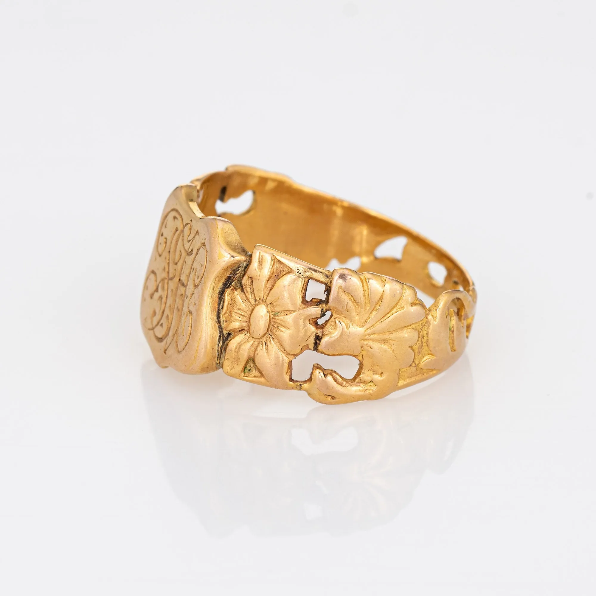 Antique Victorian Signet Ring 18k Yellow Gold Sz 11 Shield Monogram Flowers