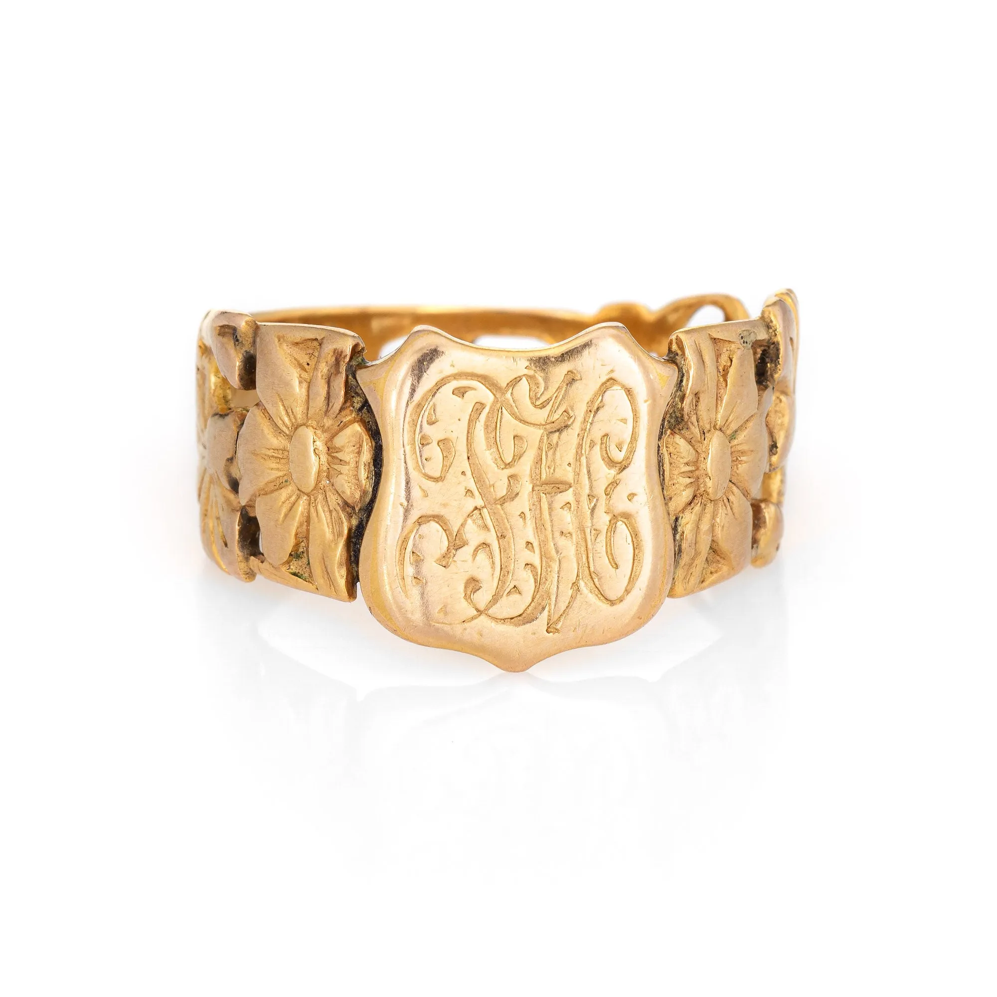 Antique Victorian Signet Ring 18k Yellow Gold Sz 11 Shield Monogram Flowers