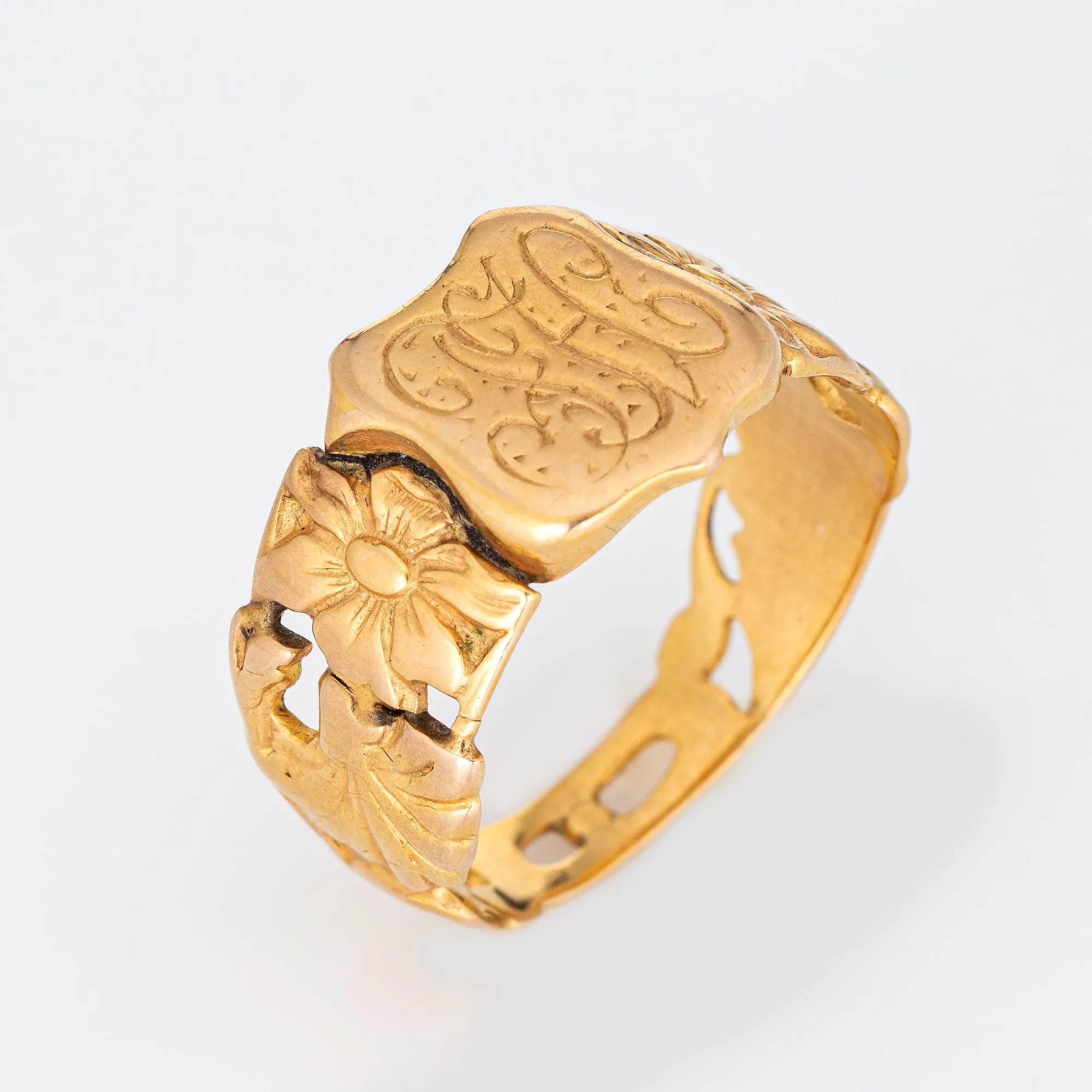 Antique Victorian Signet Ring 18k Yellow Gold Sz 11 Shield Monogram Flowers