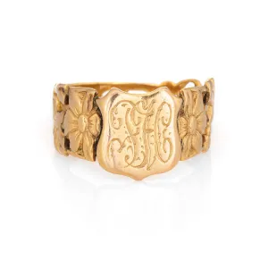 Antique Victorian Signet Ring 18k Yellow Gold Sz 11 Shield Monogram Flowers