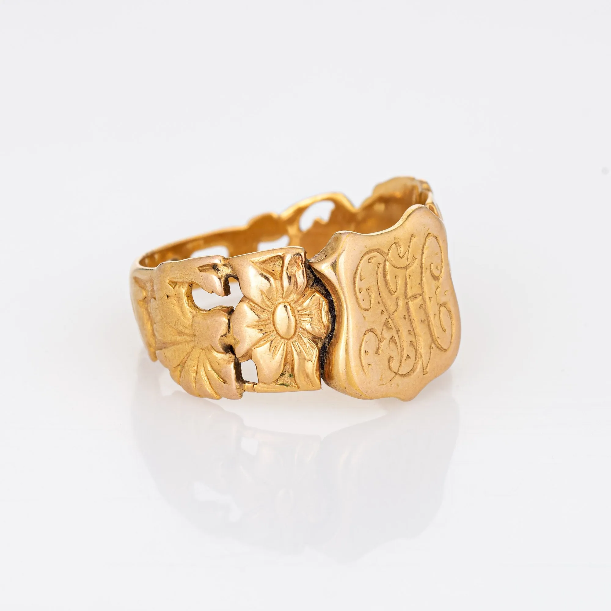 Antique Victorian Signet Ring 18k Yellow Gold Sz 11 Shield Monogram Flowers