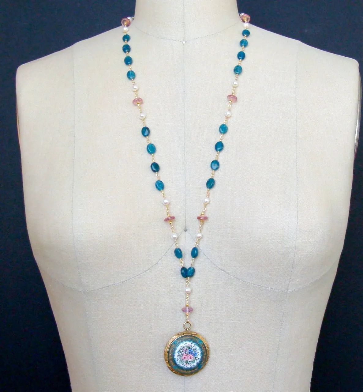 Apatite Pink Topaz Pearls Art Nouveau Enamel Locket Necklace - Rosaline Necklace