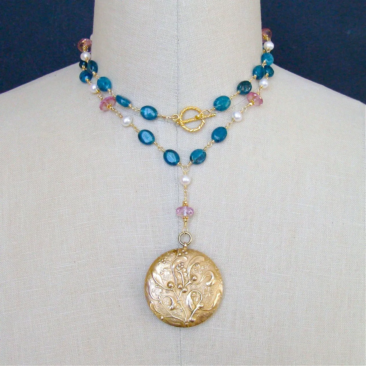 Apatite Pink Topaz Pearls Art Nouveau Enamel Locket Necklace - Rosaline Necklace