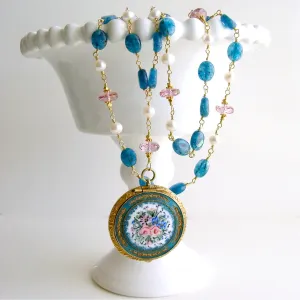 Apatite Pink Topaz Pearls Art Nouveau Enamel Locket Necklace - Rosaline Necklace