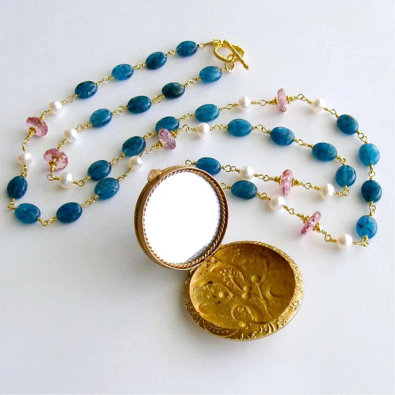 Apatite Pink Topaz Pearls Art Nouveau Enamel Locket Necklace - Rosaline Necklace
