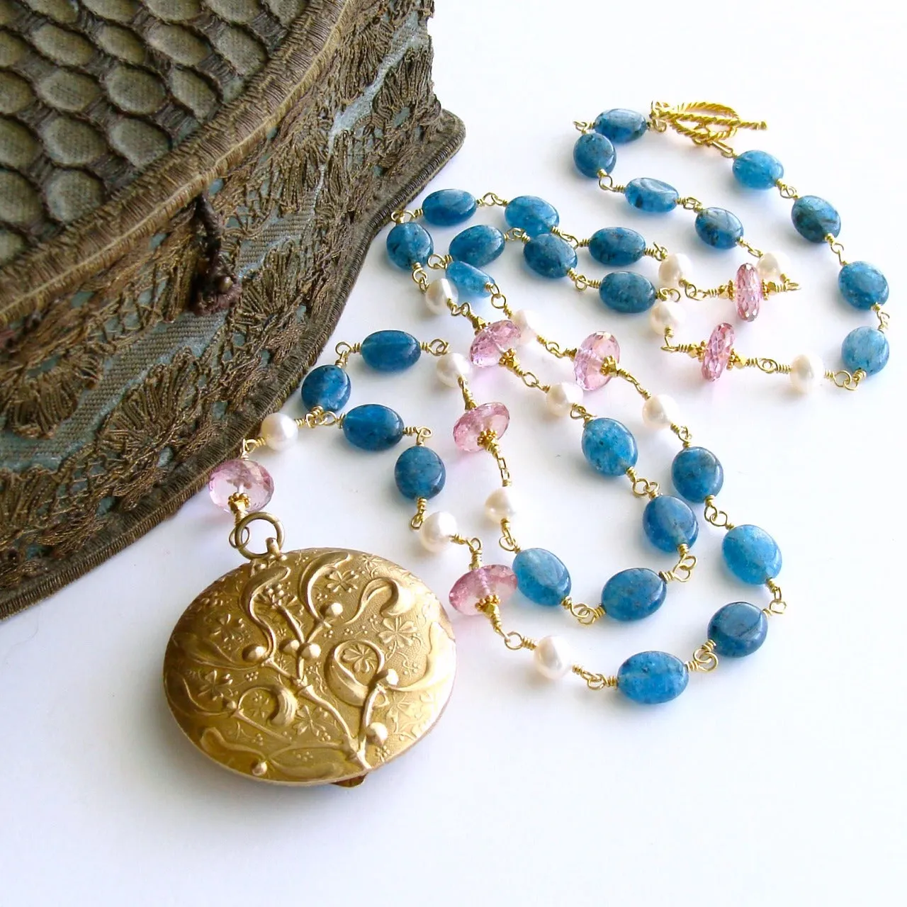Apatite Pink Topaz Pearls Art Nouveau Enamel Locket Necklace - Rosaline Necklace