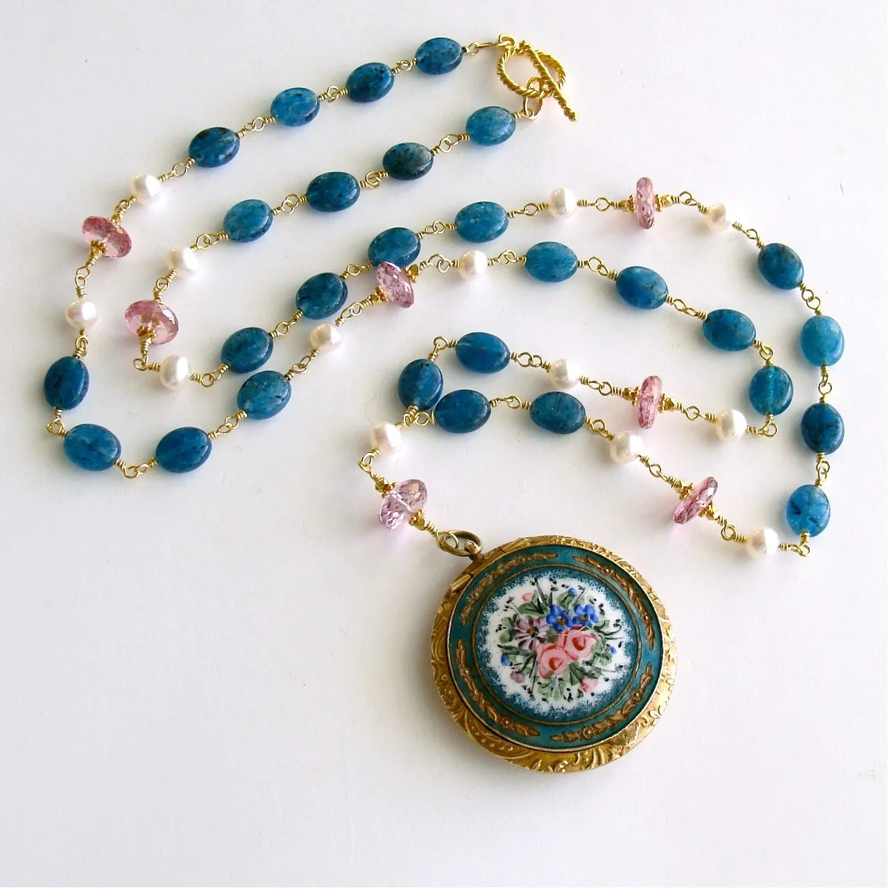 Apatite Pink Topaz Pearls Art Nouveau Enamel Locket Necklace - Rosaline Necklace