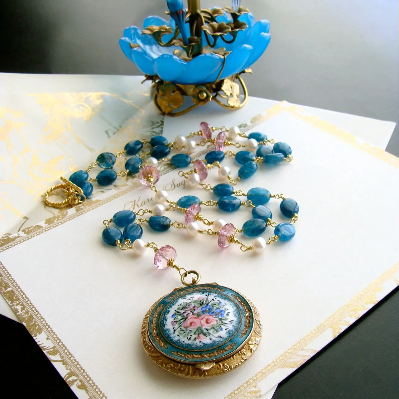 Apatite Pink Topaz Pearls Art Nouveau Enamel Locket Necklace - Rosaline Necklace