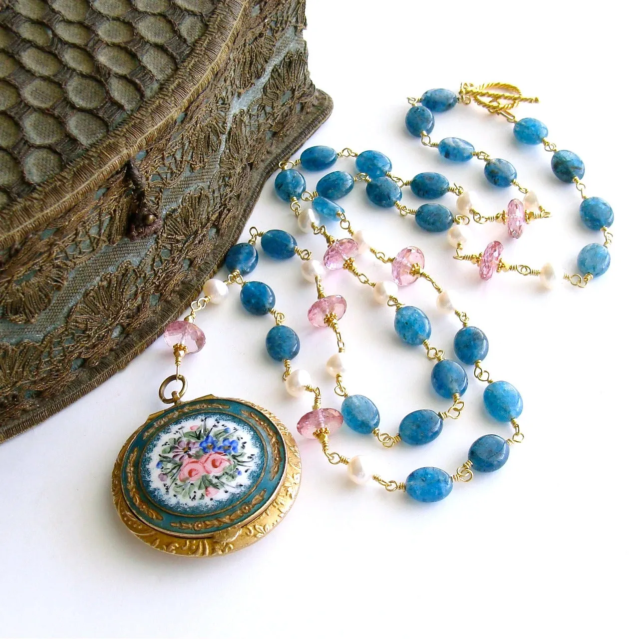 Apatite Pink Topaz Pearls Art Nouveau Enamel Locket Necklace - Rosaline Necklace