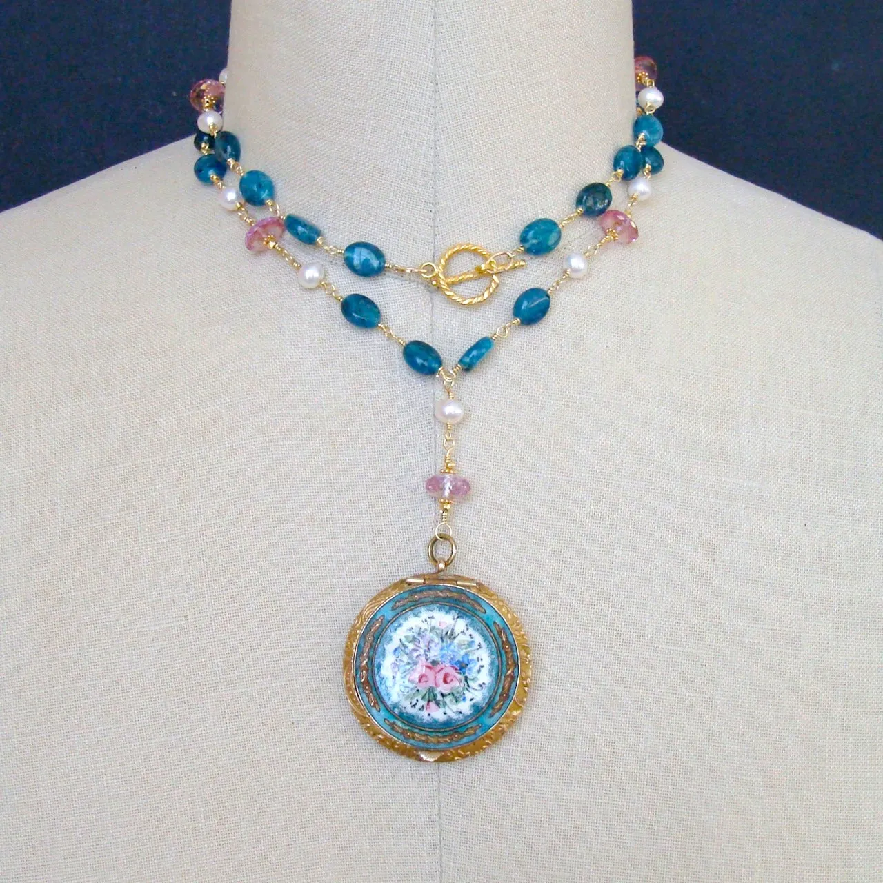 Apatite Pink Topaz Pearls Art Nouveau Enamel Locket Necklace - Rosaline Necklace