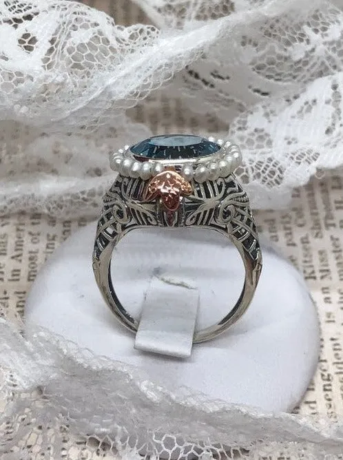 Aquamarine & Seed Pearl Ring, Natural or Simulated Gemstone, Victorian Filigree Jewelry #D238