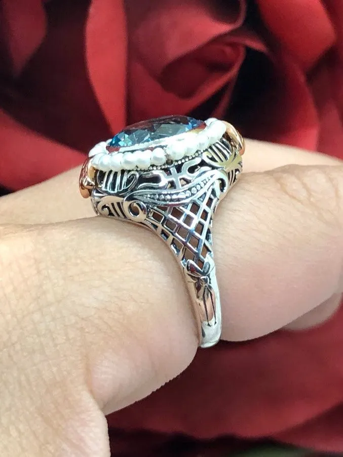 Aquamarine & Seed Pearl Ring, Natural or Simulated Gemstone, Victorian Filigree Jewelry #D238