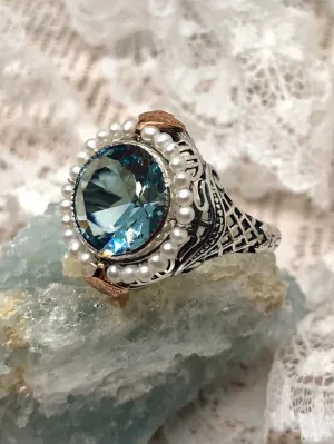 Aquamarine & Seed Pearl Ring, Natural or Simulated Gemstone, Victorian Filigree Jewelry #D238