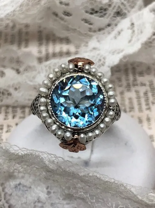 Aquamarine & Seed Pearl Ring, Natural or Simulated Gemstone, Victorian Filigree Jewelry #D238