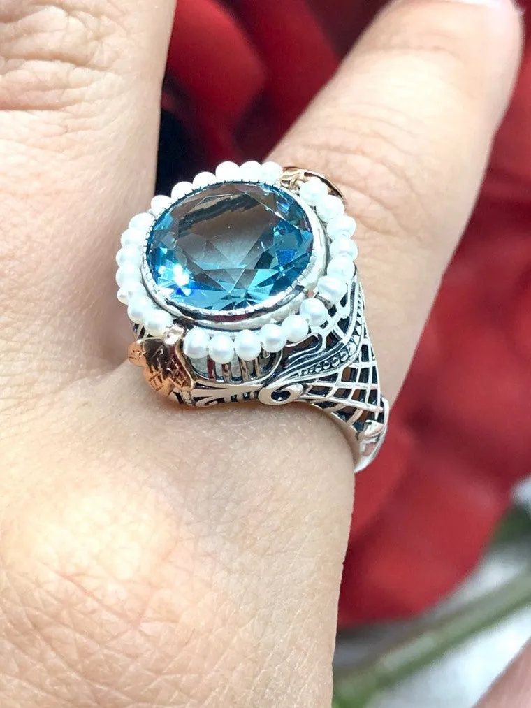 Aquamarine & Seed Pearl Ring, Natural or Simulated Gemstone, Victorian Filigree Jewelry #D238