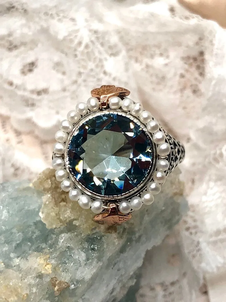 Aquamarine & Seed Pearl Ring, Natural or Simulated Gemstone, Victorian Filigree Jewelry #D238