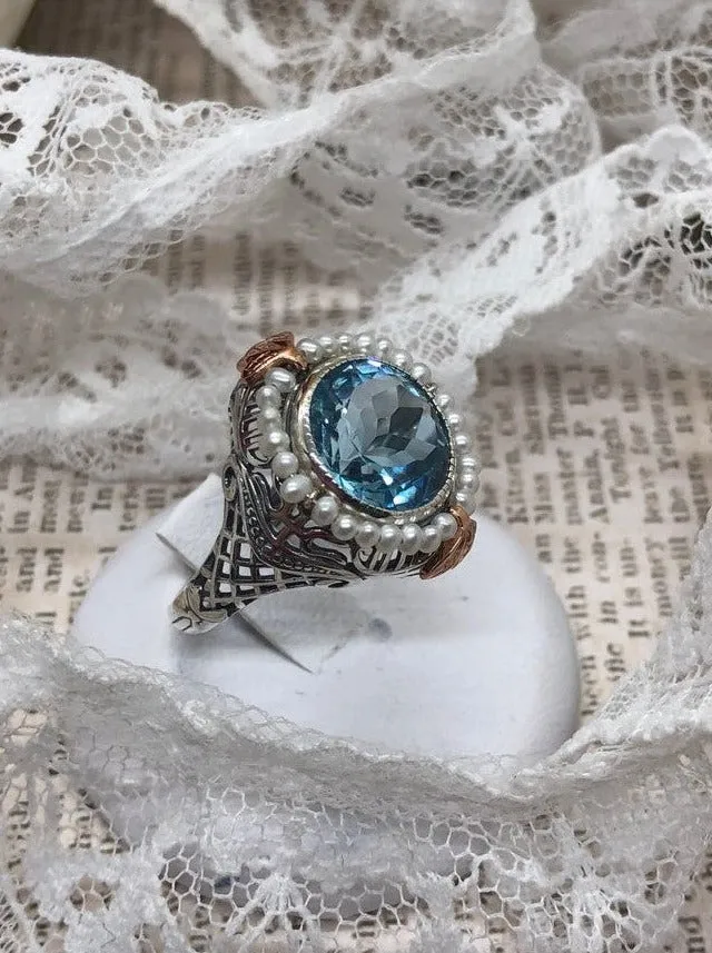 Aquamarine & Seed Pearl Ring, Natural or Simulated Gemstone, Victorian Filigree Jewelry #D238