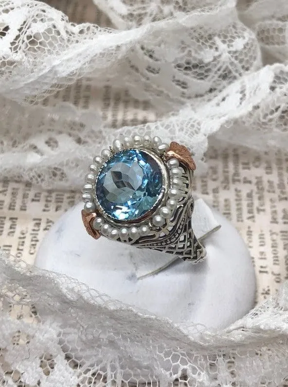 Aquamarine & Seed Pearl Ring, Natural or Simulated Gemstone, Victorian Filigree Jewelry #D238