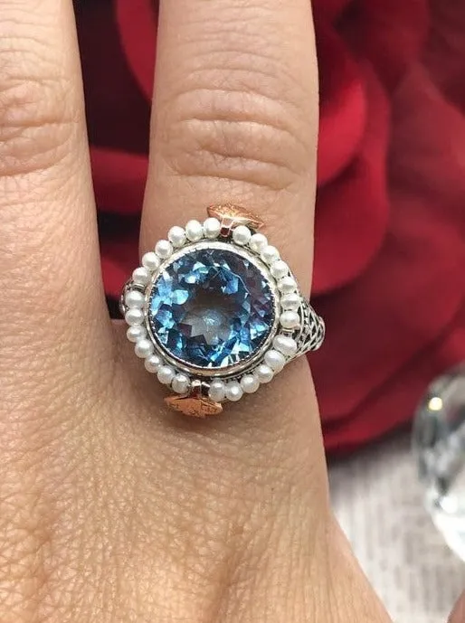 Aquamarine & Seed Pearl Ring, Natural or Simulated Gemstone, Victorian Filigree Jewelry #D238