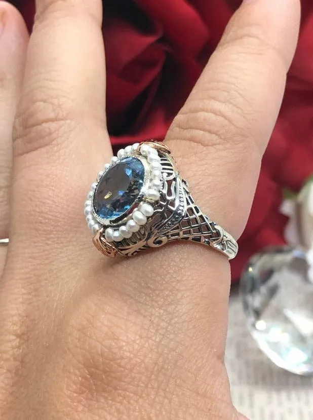 Aquamarine & Seed Pearl Ring, Natural or Simulated Gemstone, Victorian Filigree Jewelry #D238