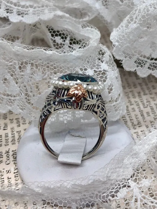 Aquamarine & Seed Pearl Ring, Natural or Simulated Gemstone, Victorian Filigree Jewelry #D238