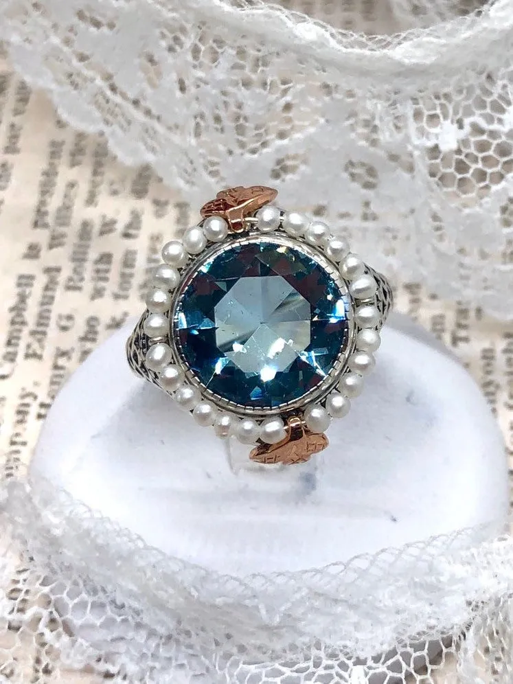 Aquamarine & Seed Pearl Ring, Natural or Simulated Gemstone, Victorian Filigree Jewelry #D238