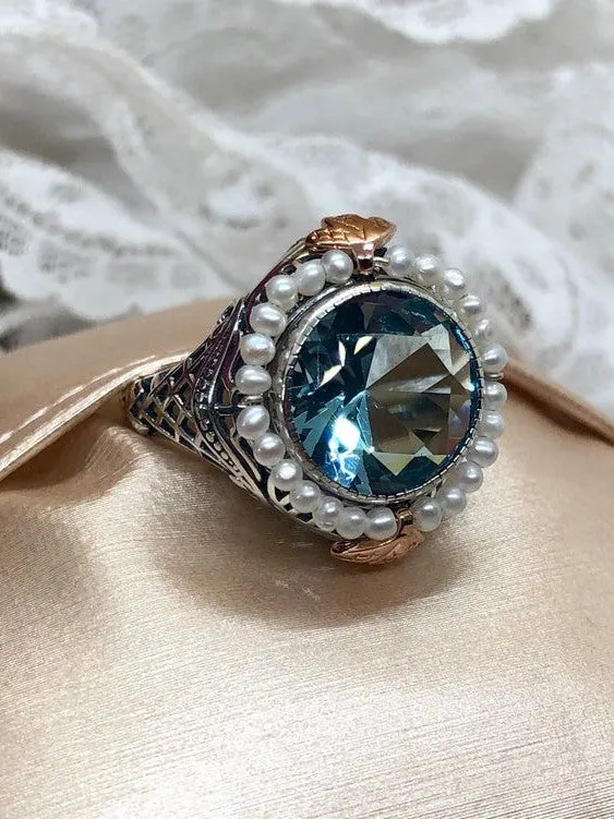 Aquamarine & Seed Pearl Ring, Natural or Simulated Gemstone, Victorian Filigree Jewelry #D238