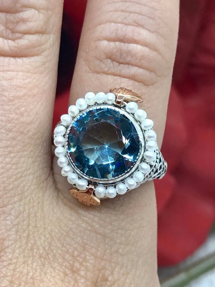 Aquamarine & Seed Pearl Ring, Natural or Simulated Gemstone, Victorian Filigree Jewelry #D238
