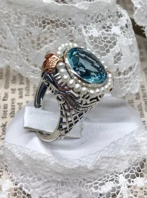 Aquamarine & Seed Pearl Ring, Size 6, Victorian Filigree Jewelry #D238 - Ready to Ship