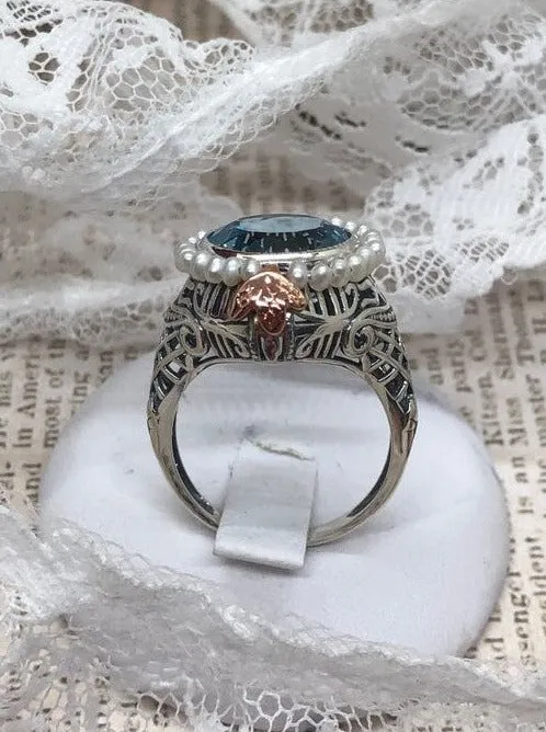 Aquamarine & Seed Pearl Ring, Size 6, Victorian Filigree Jewelry #D238 - Ready to Ship