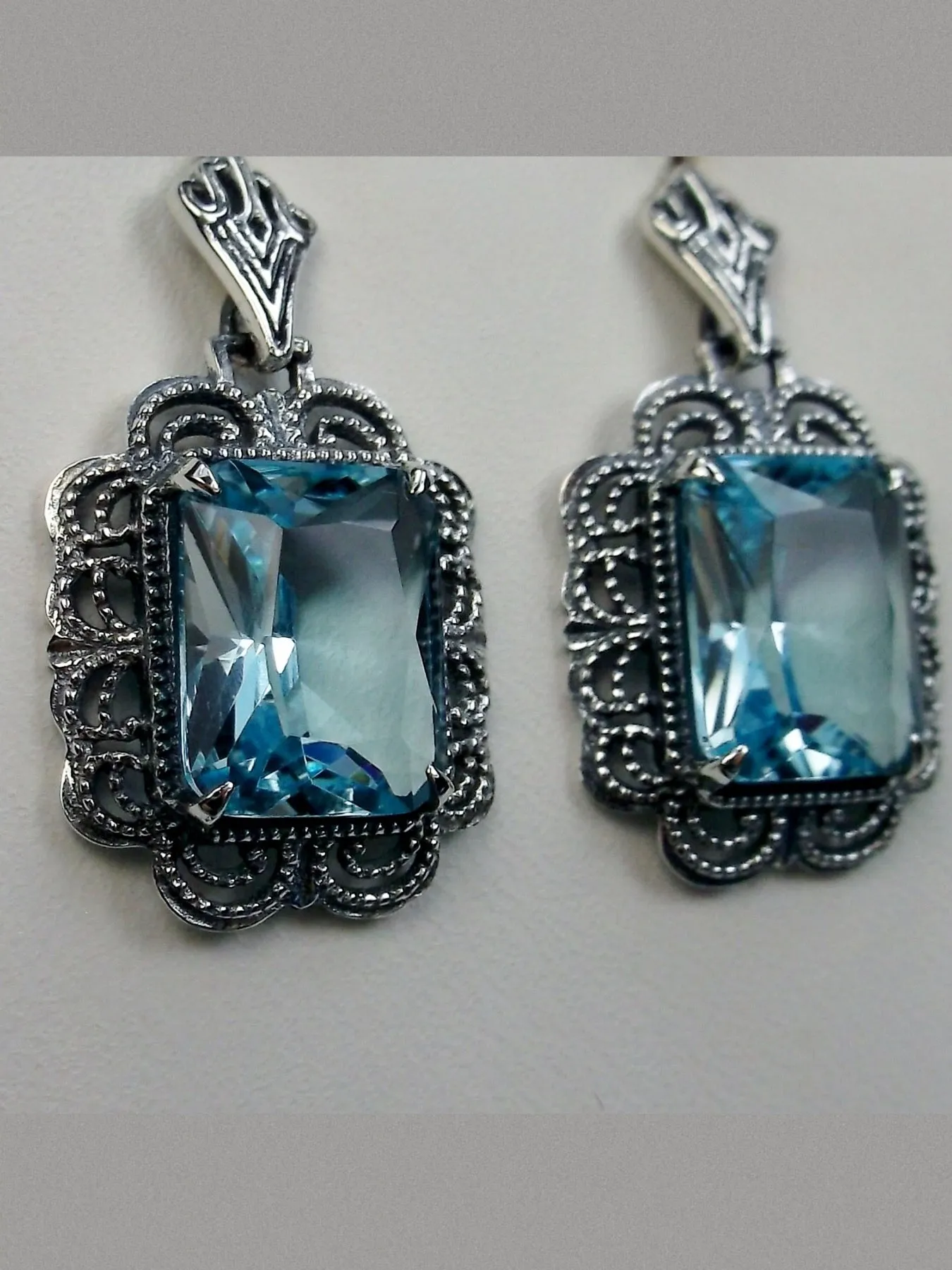 Aquamarine Earrings, Short Festoon Filigree, Victorian Jewelry #E8z