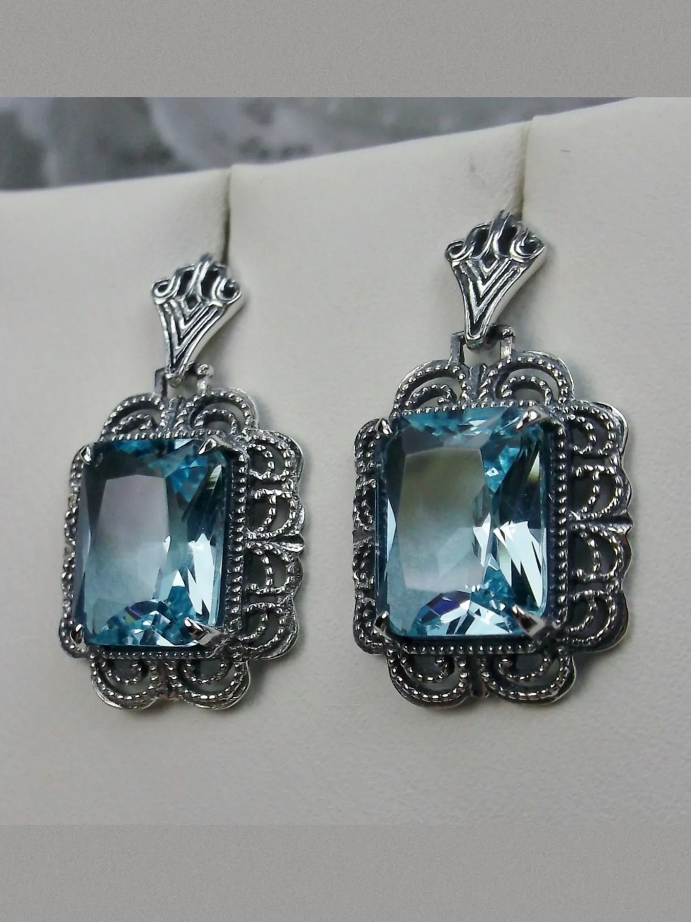 Aquamarine Earrings, Short Festoon Filigree, Victorian Jewelry #E8z