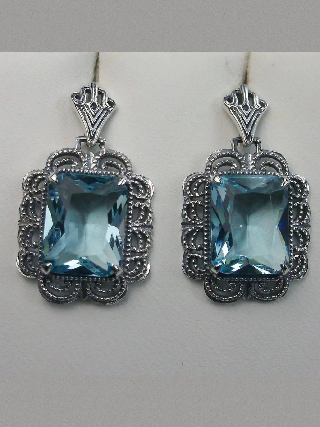 Aquamarine Earrings, Short Festoon Filigree, Victorian Jewelry #E8z