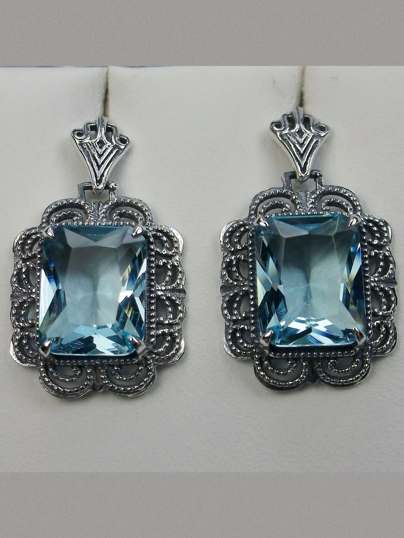 Aquamarine Earrings, Short Festoon Filigree, Victorian Jewelry #E8z