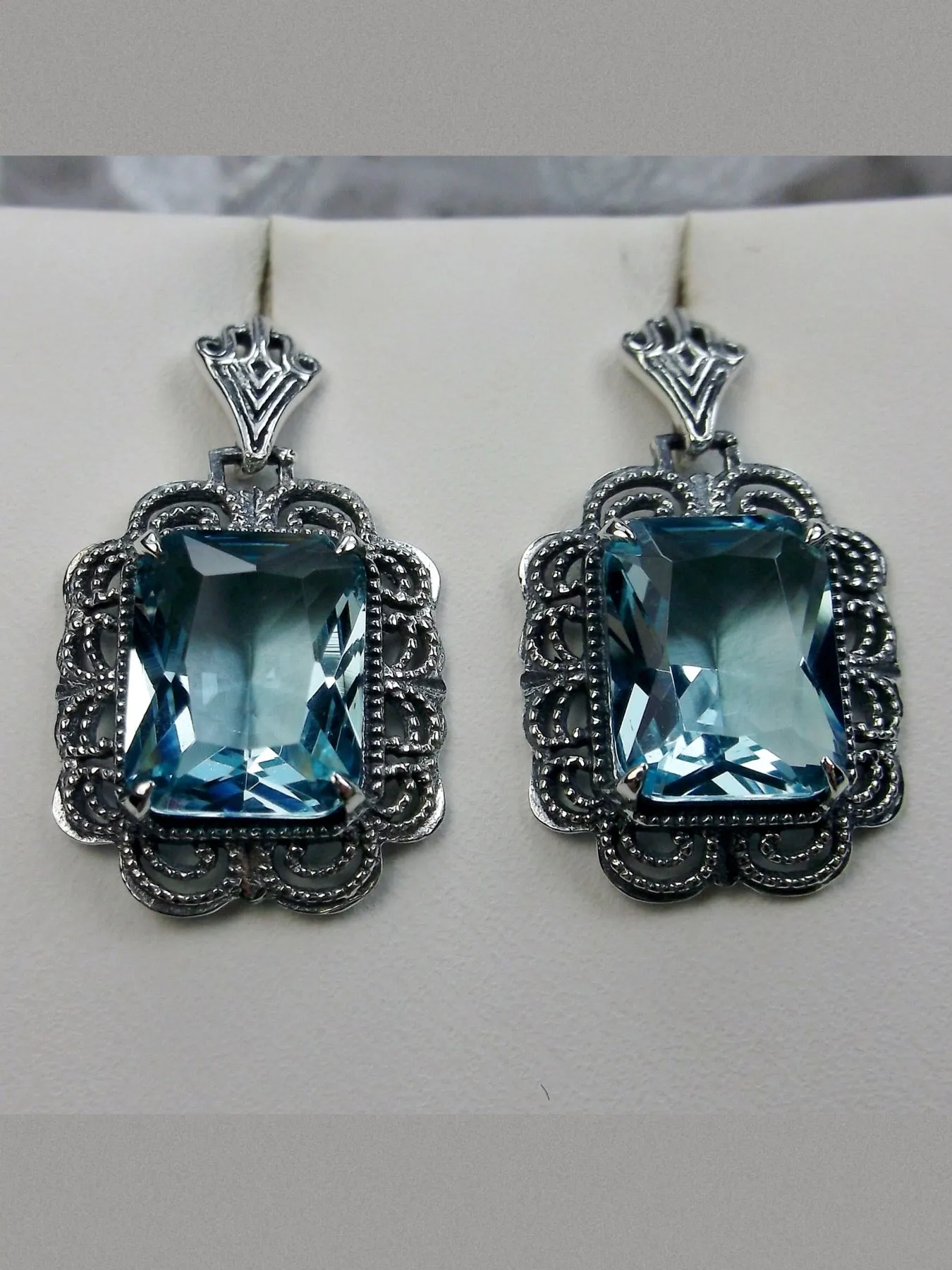 Aquamarine Earrings, Short Festoon Filigree, Victorian Jewelry #E8z