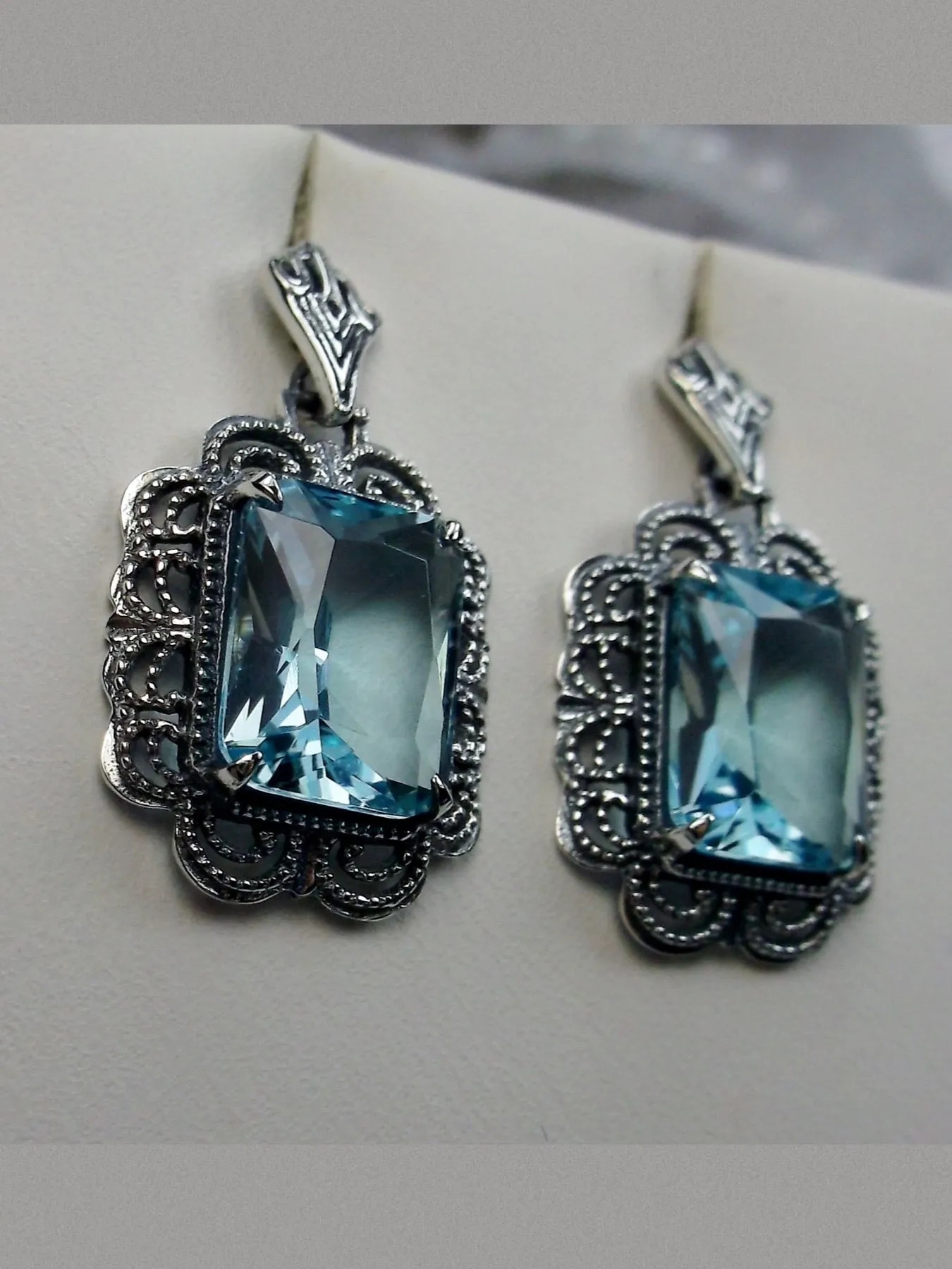 Aquamarine Earrings, Short Festoon Filigree, Victorian Jewelry #E8z