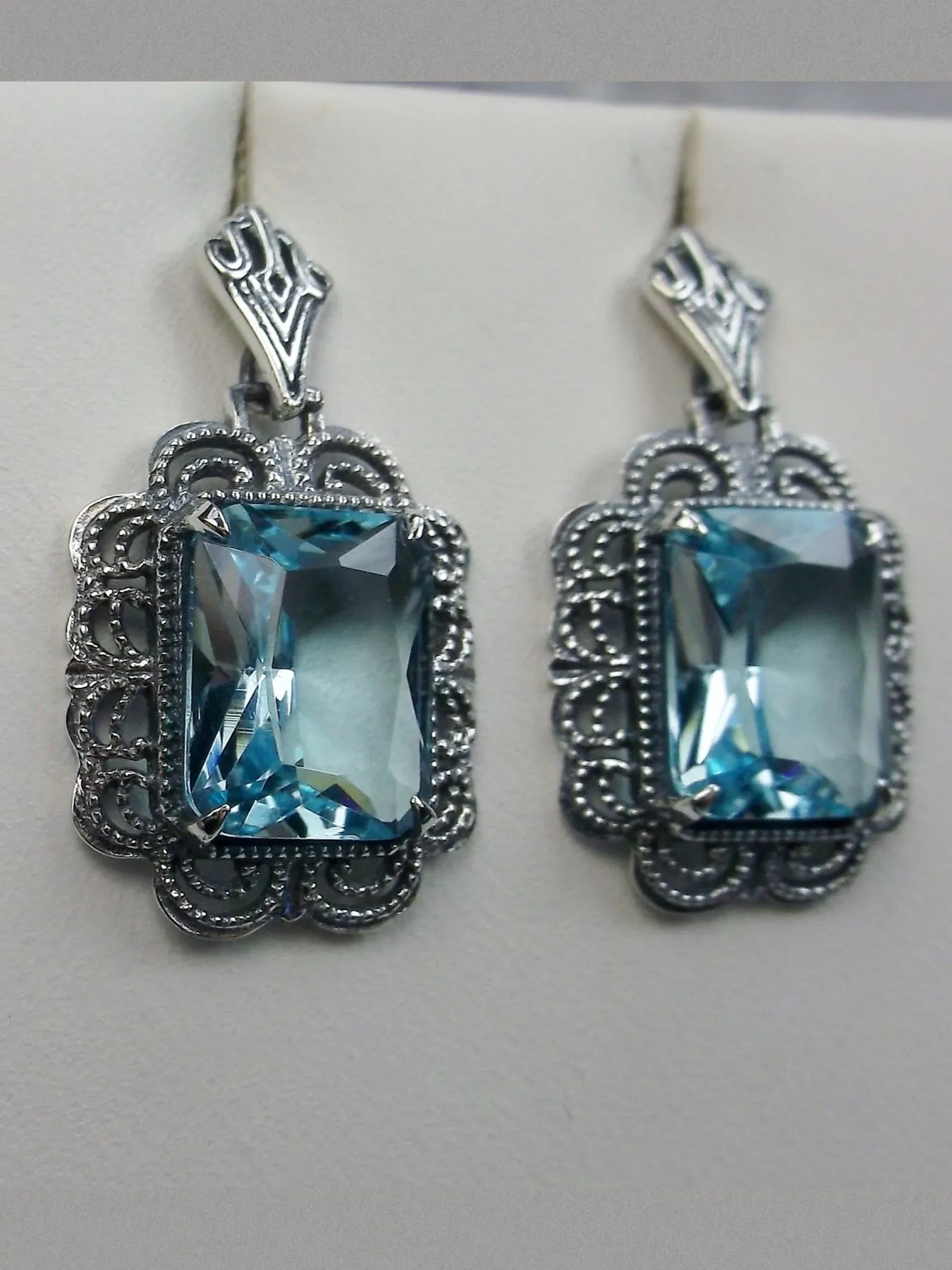 Aquamarine Earrings, Short Festoon Filigree, Victorian Jewelry #E8z