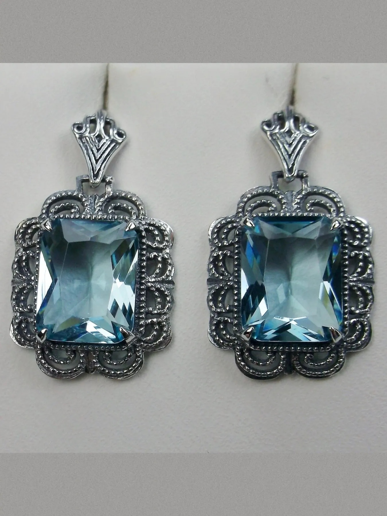 Aquamarine Earrings, Short Festoon Filigree, Victorian Jewelry #E8z