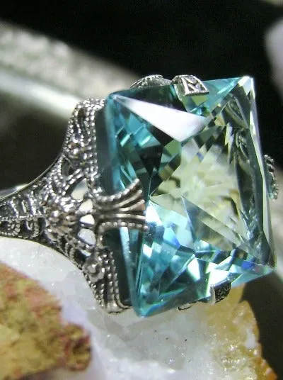 Aquamarine Ring, Size 7, Square 12ct Gem, Victorian Jewelry #D77 - Ready to Ship