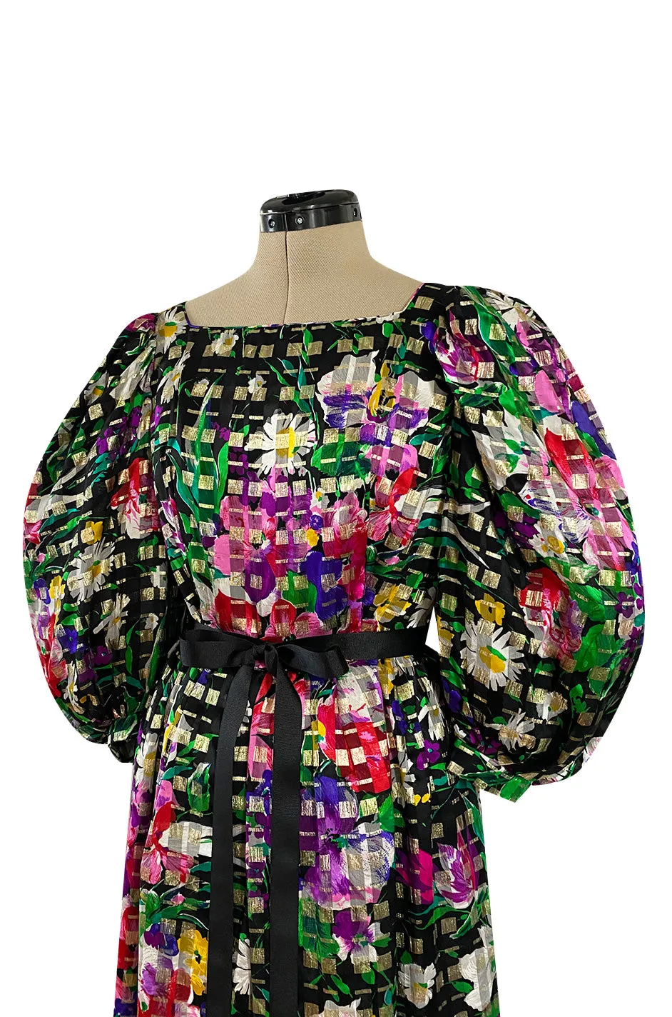 Beautiful 1970s Michael Novarese Ribbon Weave Silk Chiffon Bright Floral & Metallic Dress