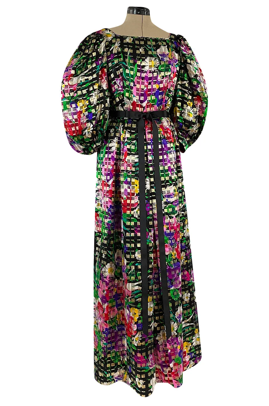 Beautiful 1970s Michael Novarese Ribbon Weave Silk Chiffon Bright Floral & Metallic Dress